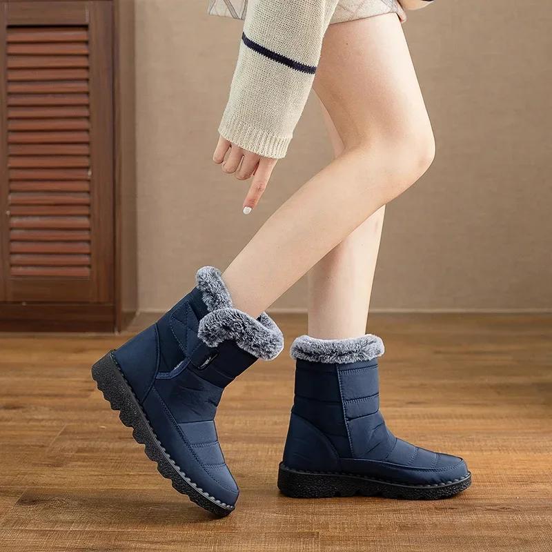 Women Winter Plush Platform Snow Boots Flat Waterproof Non Slip Warm Cotton Shoes Woman Thick Bottom Slip On Warm Ankle Boots