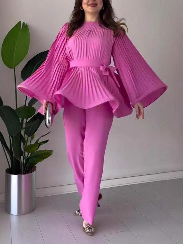 2024 Solid Color Pleated Ruffle Hem Loose Casual Long Pants Set