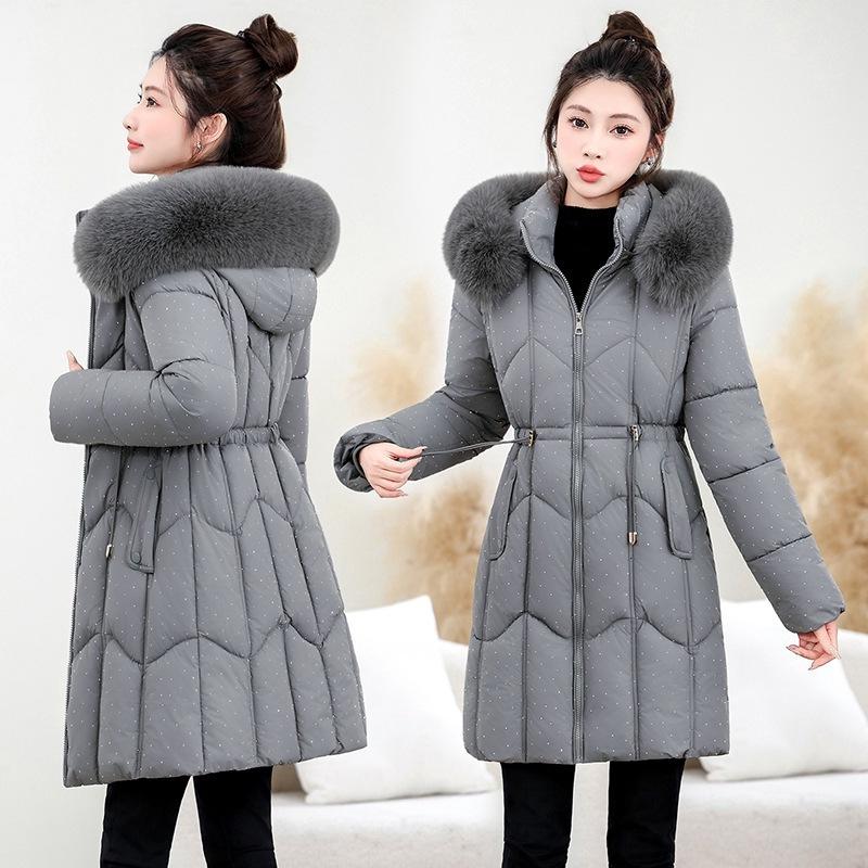 Big fur collar down cotton-padded clothes for women's winter new small cotton-padded coat, waist and thin medium and long cotton-padded jacket
