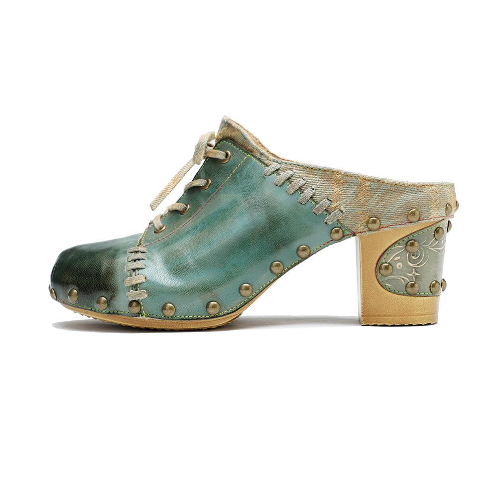 Johnature Genuine Leather Retro Outside Slippers Riveted Thick Heeled High Heels Slides Sandals Women Shoes