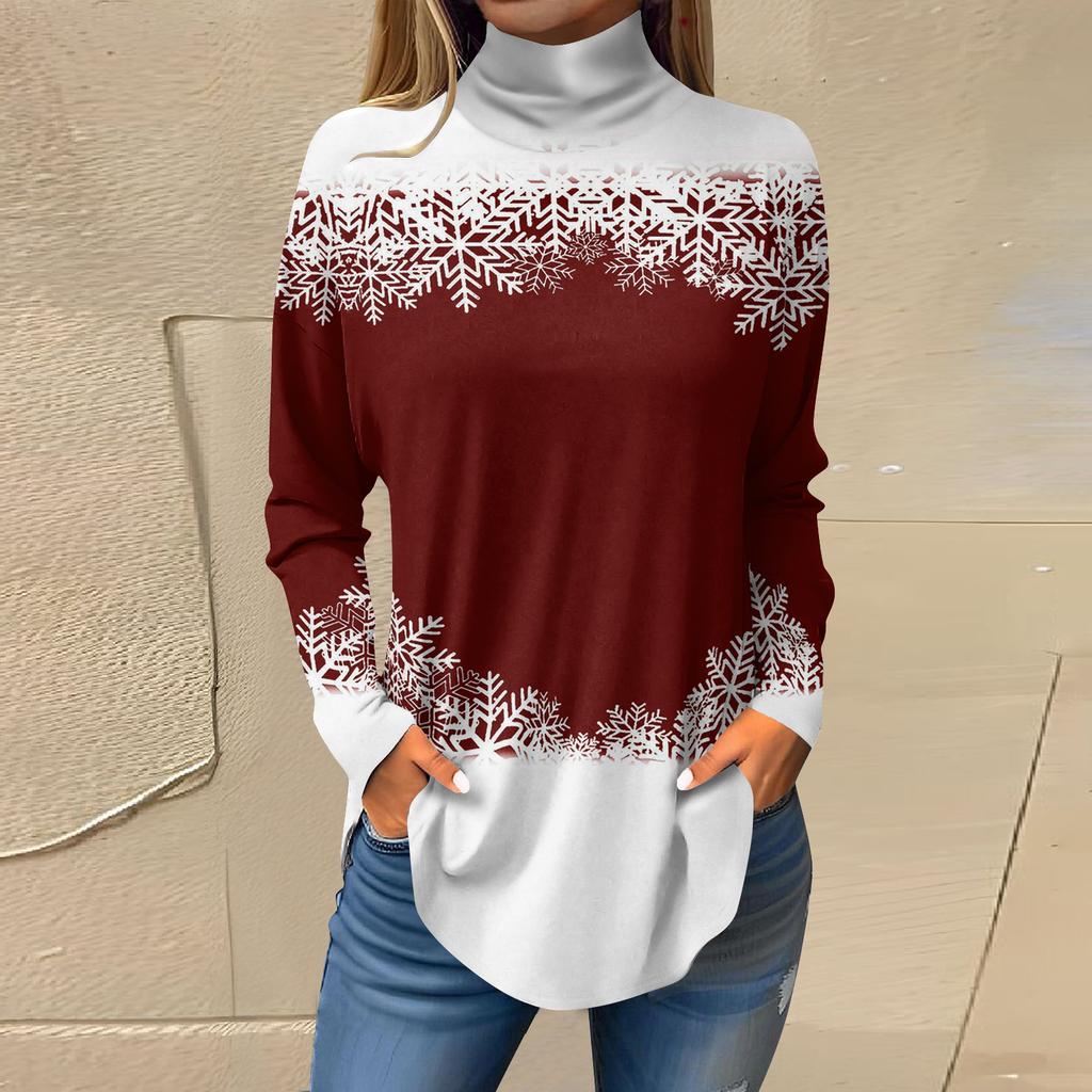 Women Fall Casual Long Sleeve Shirts Sweatshirt Vintage Printed High Neck Top Pullover