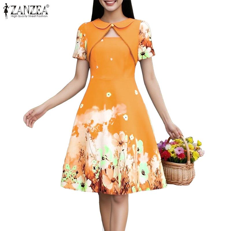ZANZEA Women Summer Round Neck Casual Short Sleeve Print Dress Holiday