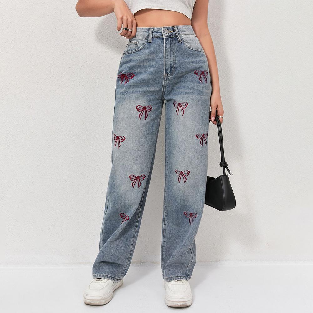 Puffanpop Women's Wide Leg Jeans Retro Wash High Waisted Denim Pants Loose Straight Casual Jeans Boyfriend Pants Embroidered jeans