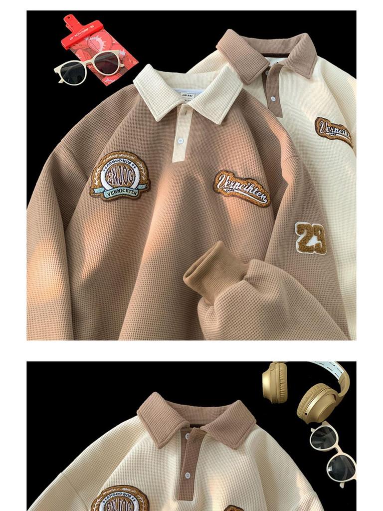 Męska bluza polo waflowa: Modny Haftowany Kołnierz, Styl Retro Amerykański, Ciężka Kurtka z Długim Rękawem na Wiosnę i Jesień