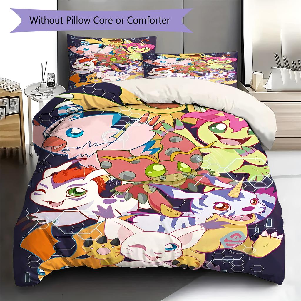 Digimon Adventure Pattern Bedding,Quilt Set Quilt Cover Pillowcase Home Birthday Gift (1 * duvet cover + 2 * pillowcase, without core)