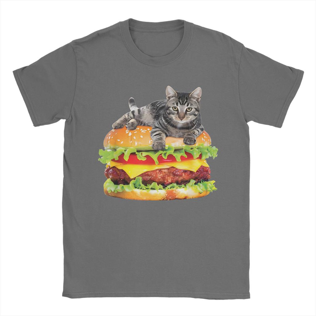 Men Hamburger Space Cat Funny Kitty T-Shirts  Pure Cotton Top Tees Beach Street Style T-Shirt O-Neck Trending Tee Shirt Big Size