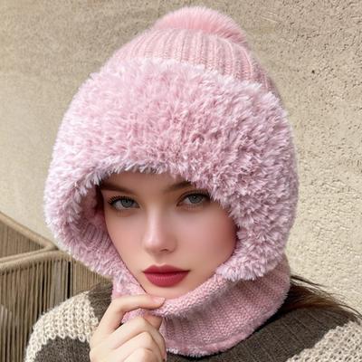 Hat with Flexible Adjustable Face Guard Solid Color Plush Ball Decor Thickened Fleece Layer Three-in-One Warm Design Hat Scarf Face Guard