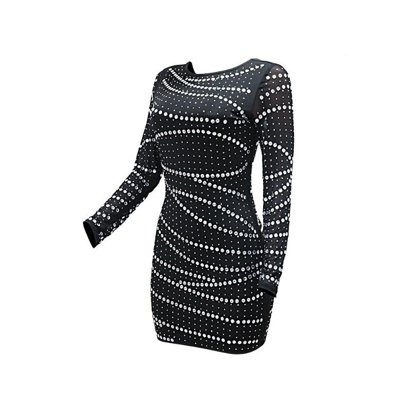 Women's Sexy Round Neck Long Sleeve Hot Drill Bag Hip Party Dress Fashion Halter Short Dress