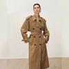 Womens Khaki Suede-Look Long Trench Coat Double-Breasted Loose Fit Vintage Style
