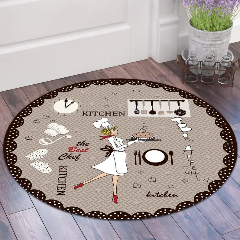 

Round Kitchen Rug Vintage Chef Design Washable Bistro Decor Modern Kitchen Rug Home Decor Carpet Kitchen Food Decor Kitchen Mat 100cm