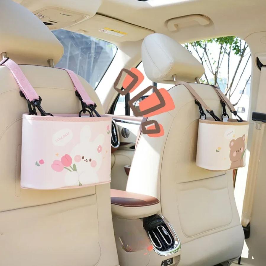 Cartoon Bear Car Trash Can Leather Printing Car Storage Bucket Hanging Multi-Functional Car Storage Box
