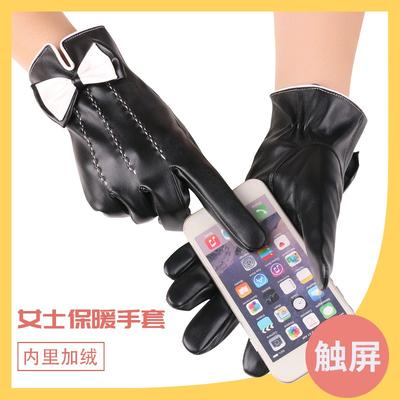 Warm Leather Gloves Autumn and Winter Women's Leather Bow Fleece Cold-proof Fleece Outdoor Riding Touch Screen Gloves