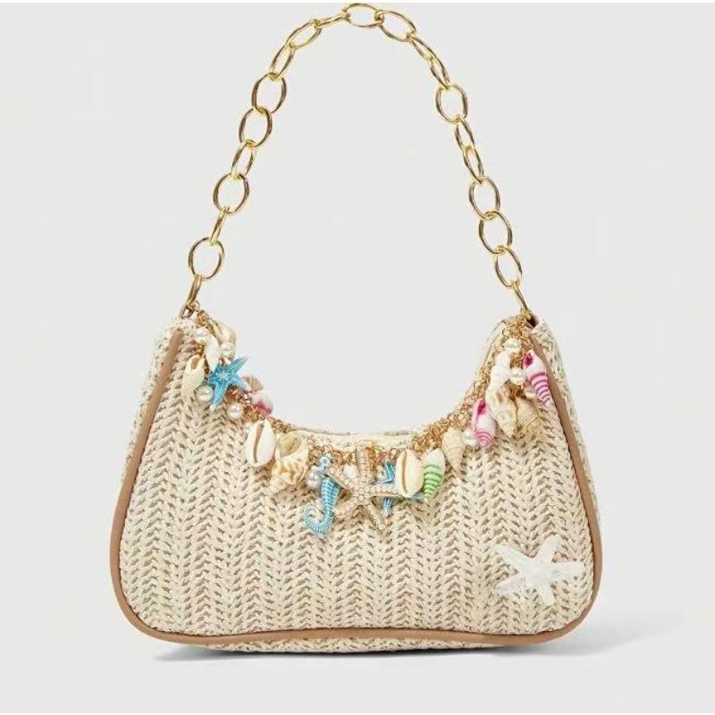 Beige Khaki Straw Woven Fany Hobo Bag, Gold Chain Underarm Purse with Ocean Shell Charms, Summer Beach Shoulder Bags for Women