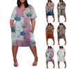 Letní nadměrné velikosti V výstřih krátký rukáv ke kolenům kapsa potisk ležérní šaty pro ženy
