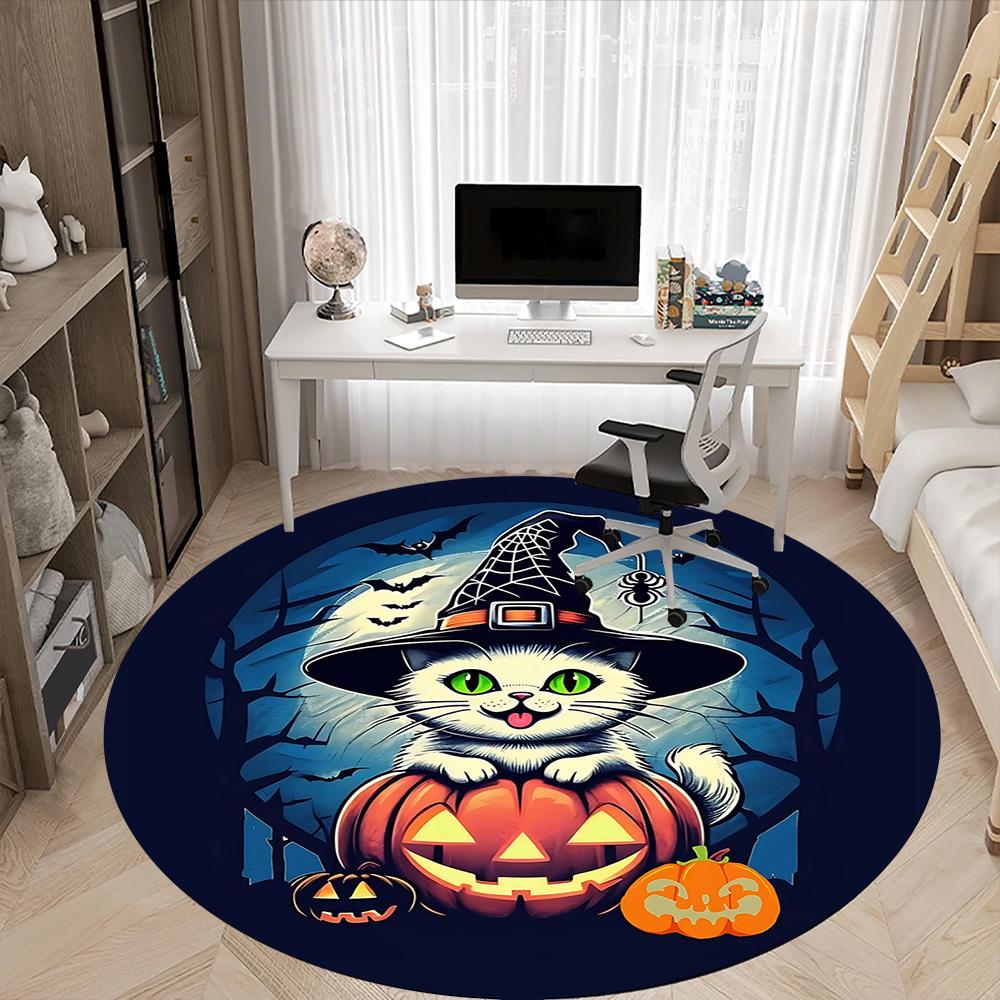 1pc Halloween Cat Office Round Area Rug, Indoor Mat Suitable For Office, Under Office Chairs Bedroom Living Room Home Decor, Room Deco