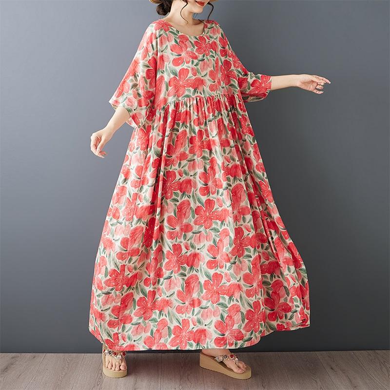Κοντό μανίκι Plus size Βαμβακερό vintage φλοράλ νέο σε φορέματα για γυναίκες casual φαρδύ μακρύ καλοκαιρινό φόρεμα