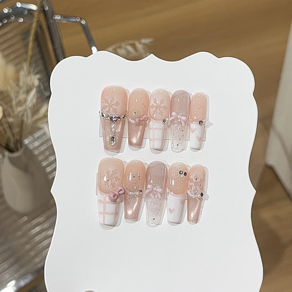 10 Pcs Handmade Long French Cat Eye Rhinestone Press On Nails Full Cover Ballet Fake Nail Tips Manicure Art