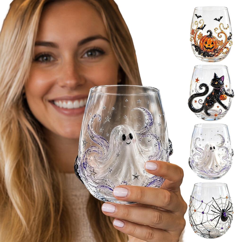 Halloween Handmade Embossed 3D Glass Cup Pumpkin Ghost Black Cat Spider Web Bat Star Handleless Tumbler for Fall Party