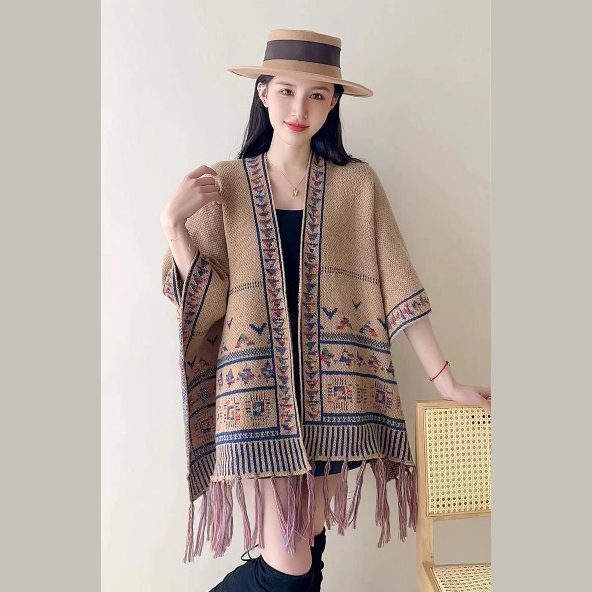 

802 #Ретро этнический стиль бахрома накидка кардиган свободный большой размер накидка шаль свитер женский One Size верблюд