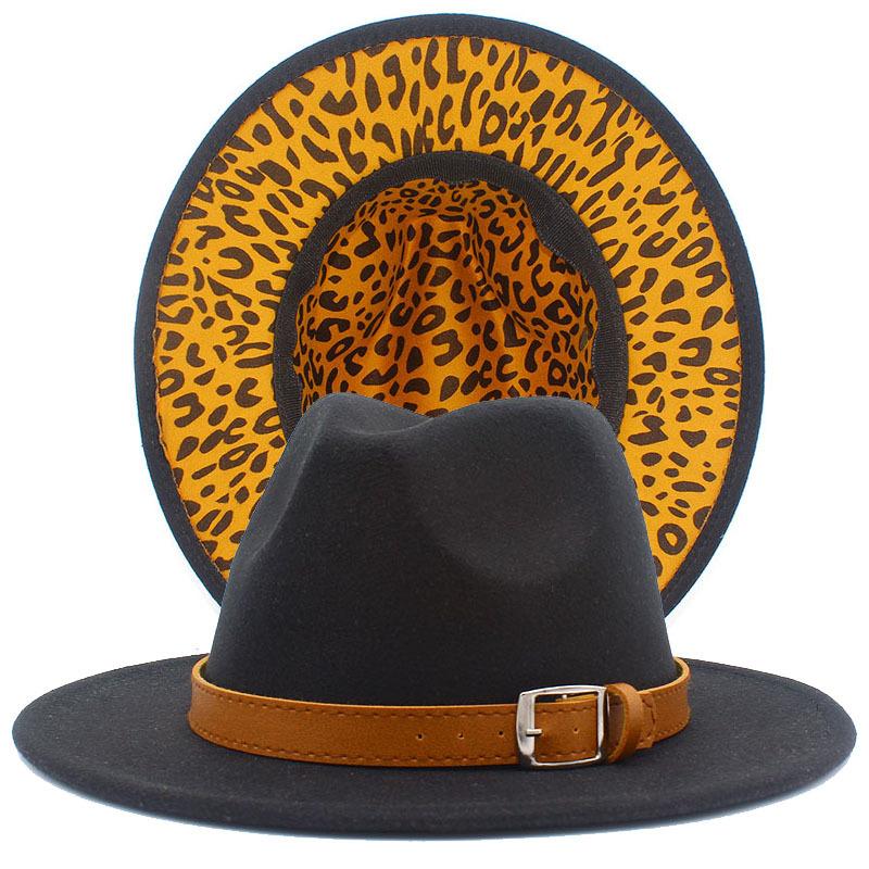 Autumn and winter new leopard print woolen top hat outdoor big edge warm felt hat belt British style jazz hat Wish