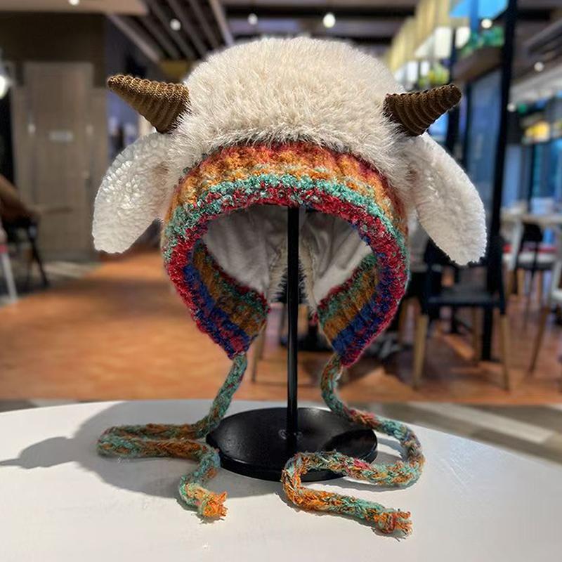 Cute Thick Plush Knitted Hat Warm Ear Protection Beanies Hat Pullover Hats