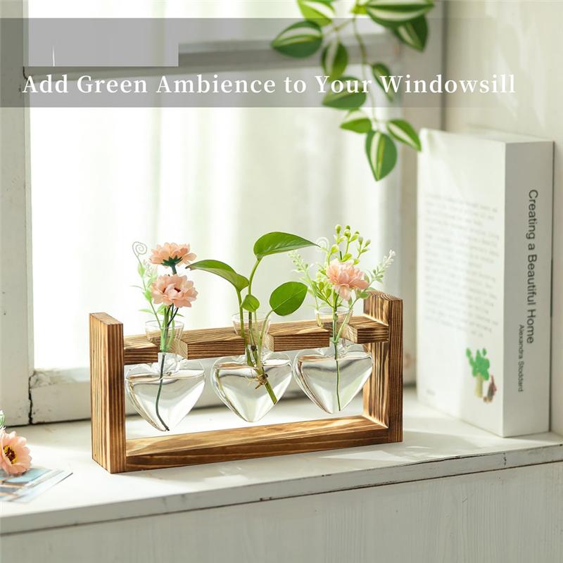 

Glass Propagation Station For Plants: Vintage Vases Decoration With Wooden Frame Set For Living Room Office Shelf