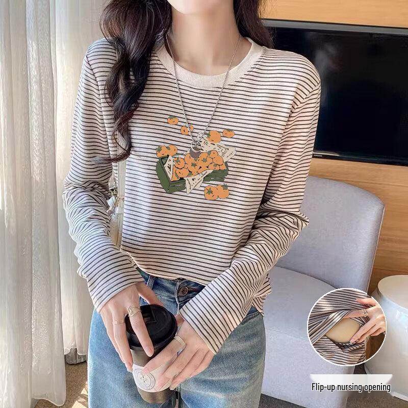 

Early Spring Striped Long-Sleeve Nursing T-Shirt: Slimming, Skin-Friendly, Pure Cotton Postpartum Top L