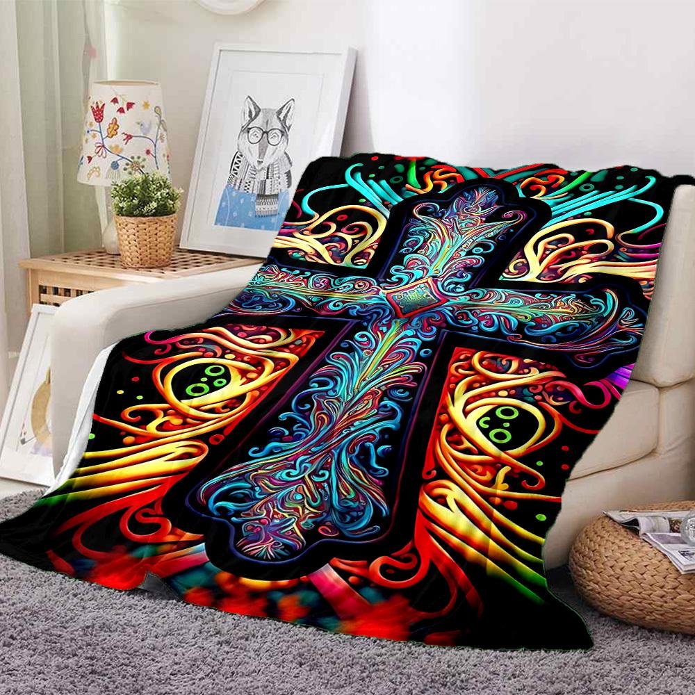 1pc Psychedelic Cross Blanket - Lightweight Flannel Fleece with Digital Printing, Soft Warm for Sofa, Travel, Camping, Office yy251018273