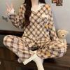Cloud Cotton Korean Style Striped Plaid Pajama Set: Long Sleeve Cardigan & Pants for Indoor/Outdoor Wear, Real Shot.