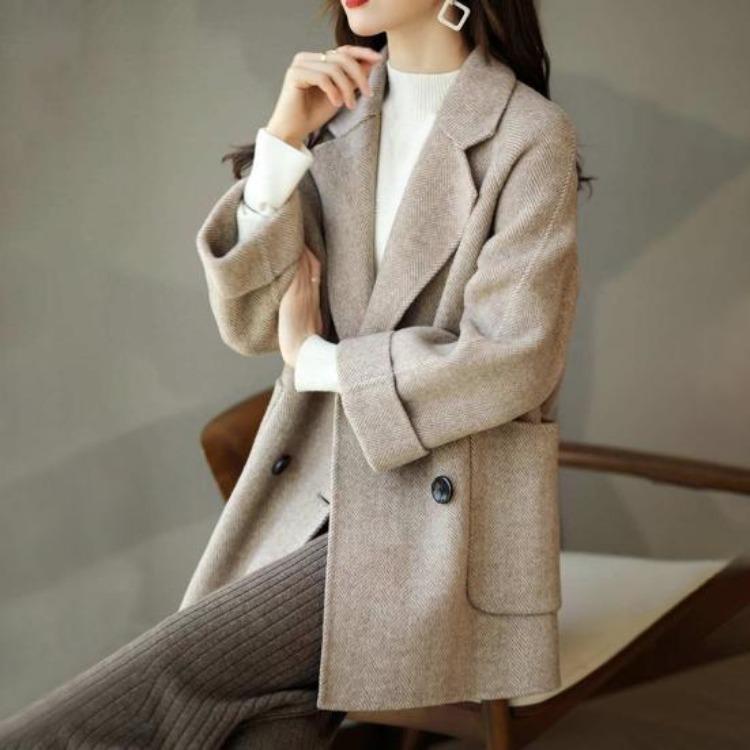 Women Winter Overcoat Woolen Coat Double Breasted Mid Length Formal Business Jacket Turn Down Collar OL Commuting Solid Color Thick Outerwear