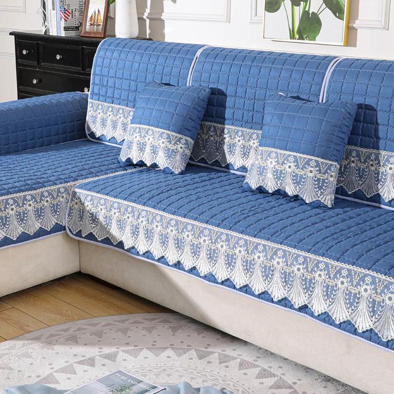 Candy Color Sofa Cover Quilted Thicken Cushion White Lace Embroidery Couch Sofa Towel Slipcover Living Room Furniture Protector