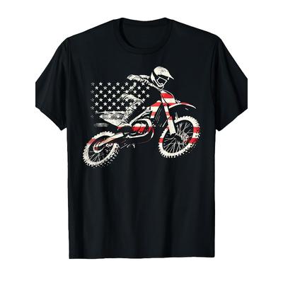 Europäische Größen Dirt Bike Retro Amerikanische Flagge Motocross Enduro T-Shirt - Patriotisches Motorrad Grafik-T-Shirt, Schwarz mit Rot/Weiß/Blauen Akzenten