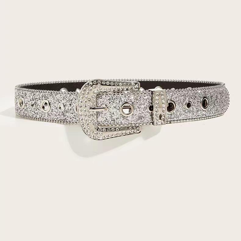 Trendy European & American Sequined Rhinestone Leather Belt
