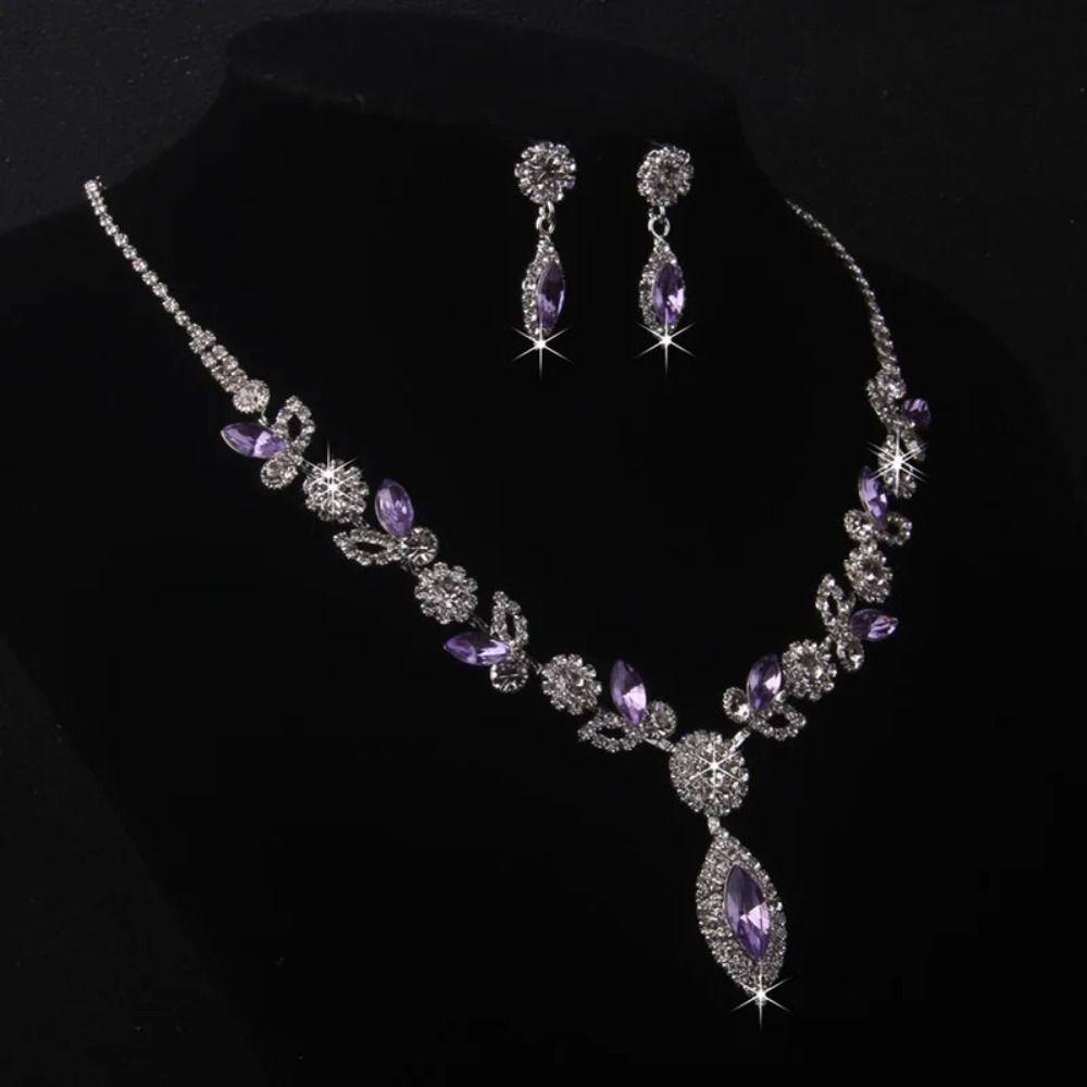 Rhombus Necklace Earrings Three-piece Set Fringed Luxury Rhinestone Jewelry Wedding