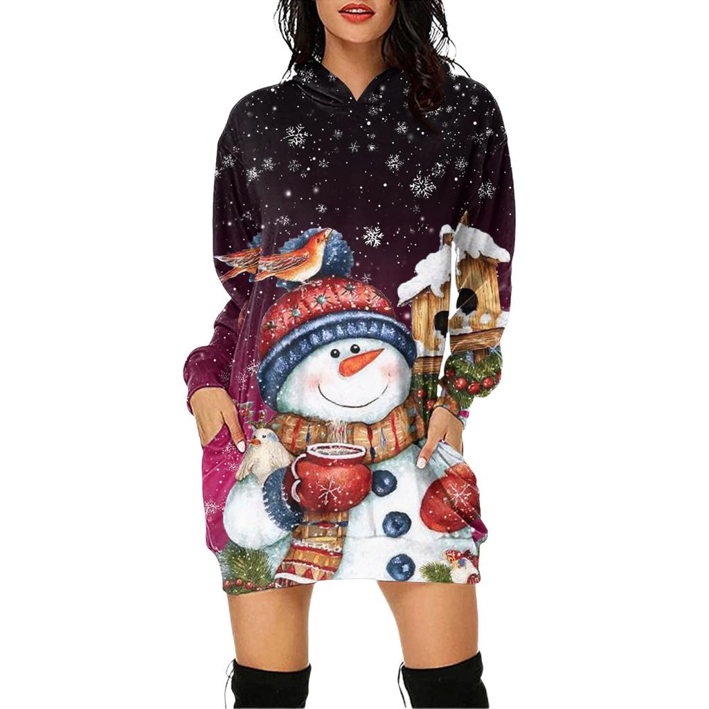 Rochie Pulover cu Glugă și Mâneci Lungi cu Buzunar și Imprimeu de Crăciun pentru Femei