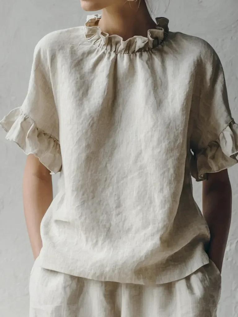 Women Summer New Solid Color Casual Loose Ruffle Short Sleeve Blouse