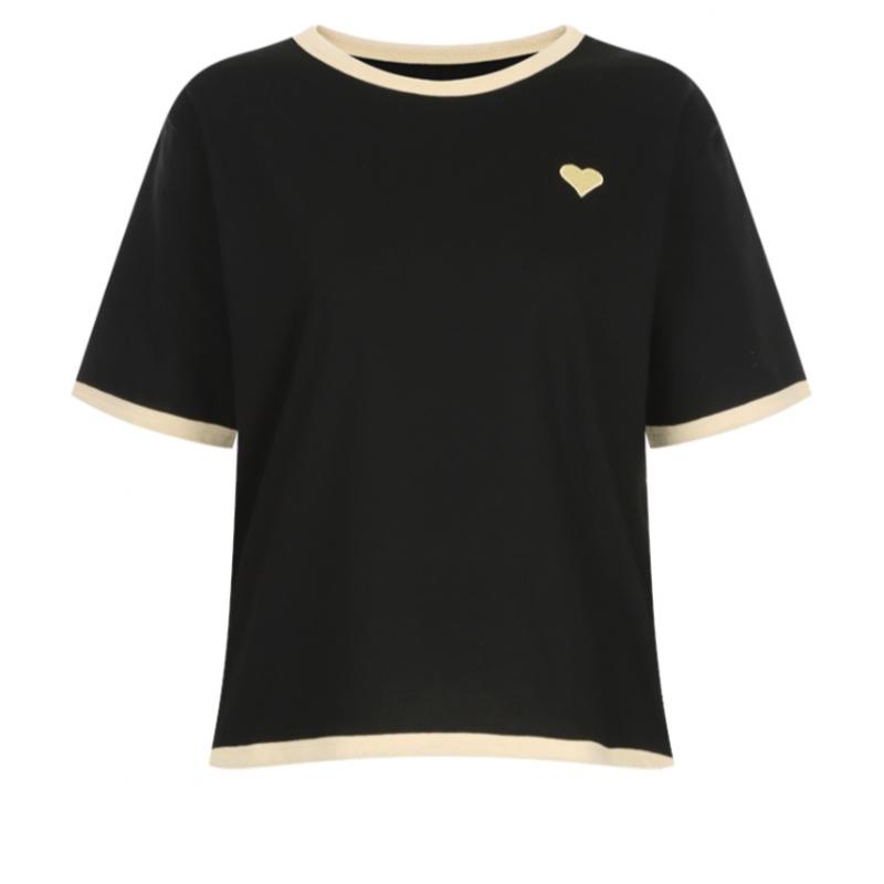 Shop   Women Color Block Round HearT Embroidery ShorT Sleeve T shirT Dai Wsh 205