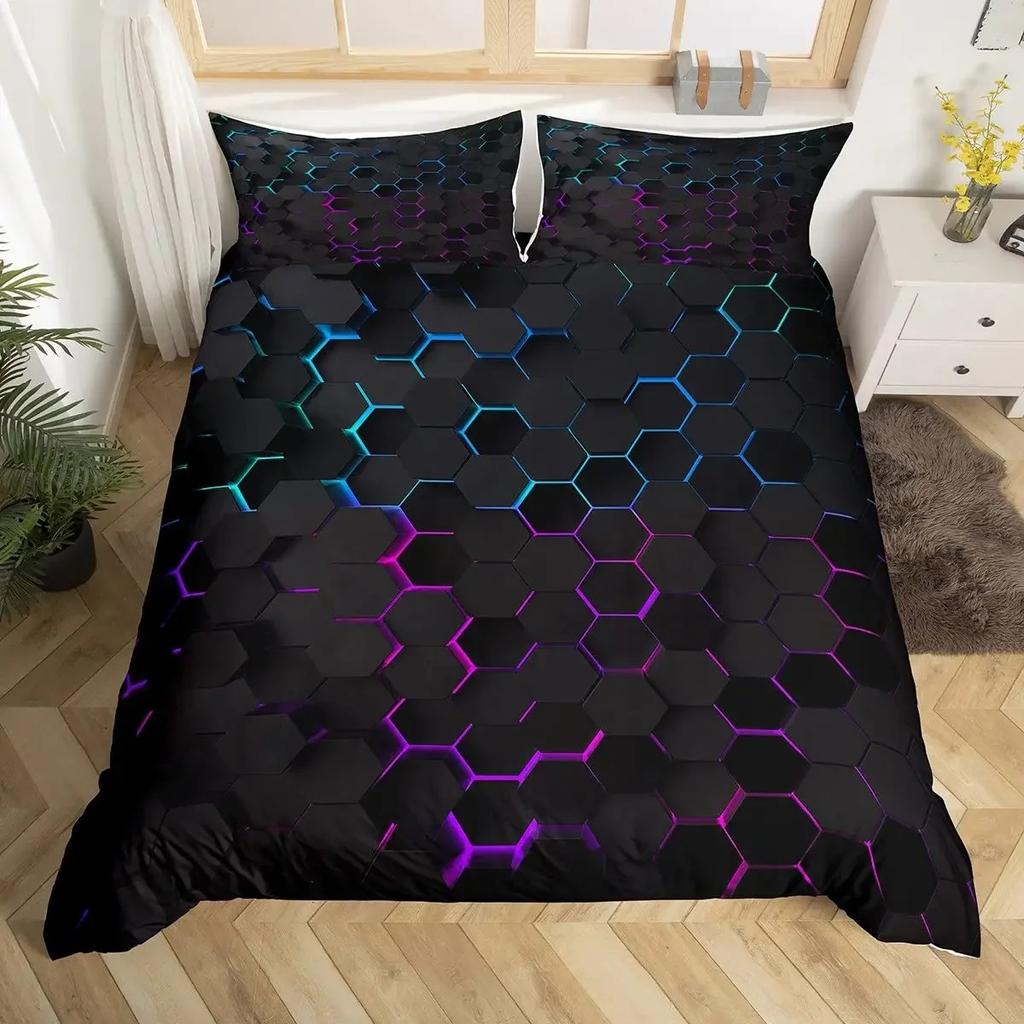 Geometric Duvet Cover Multicolor Honeycomb Hexagon Bedding Set Geometric Theme Metal Texture S