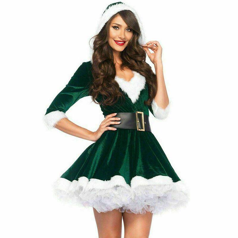 

Праздничный женский костюм Санта-Клауса для девочек с отделкой из мягкого бархата и искусственного меха L зелёный