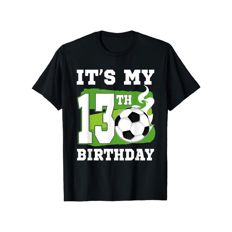 

European Size 13th Birthday Soccer Theme T-Shirt for & - Black with White & Green Number 13 & Soccer Print, Durable Medium-Stretch Fabric S чёрный