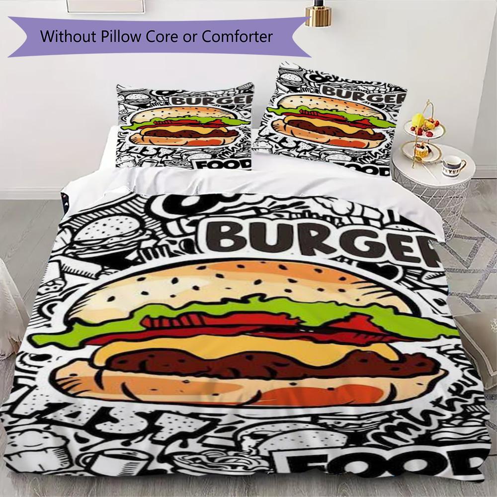 Mixed-Color Comic Burger Pattern Bedding,Quilt Set Quilt Cover Pillowcase Home Birthday Gift (1*duvet cover+2*pillowcase,without core)ZSJT0917363
