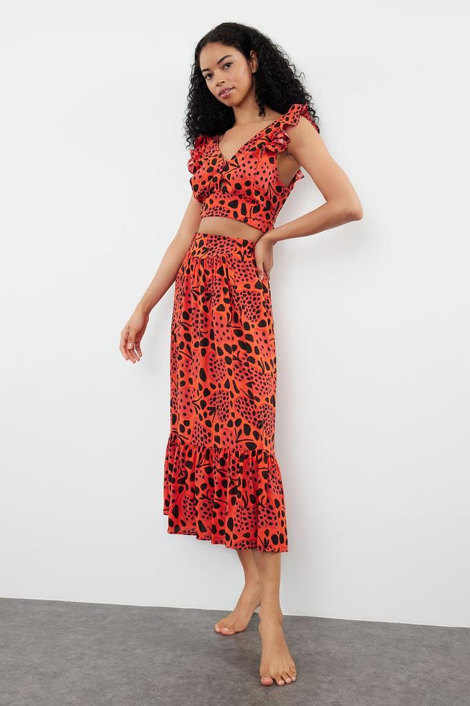 Women's Style Bottom-Top Set Clothes Floral Patterned Woven Flounce Blouse Skirt Set