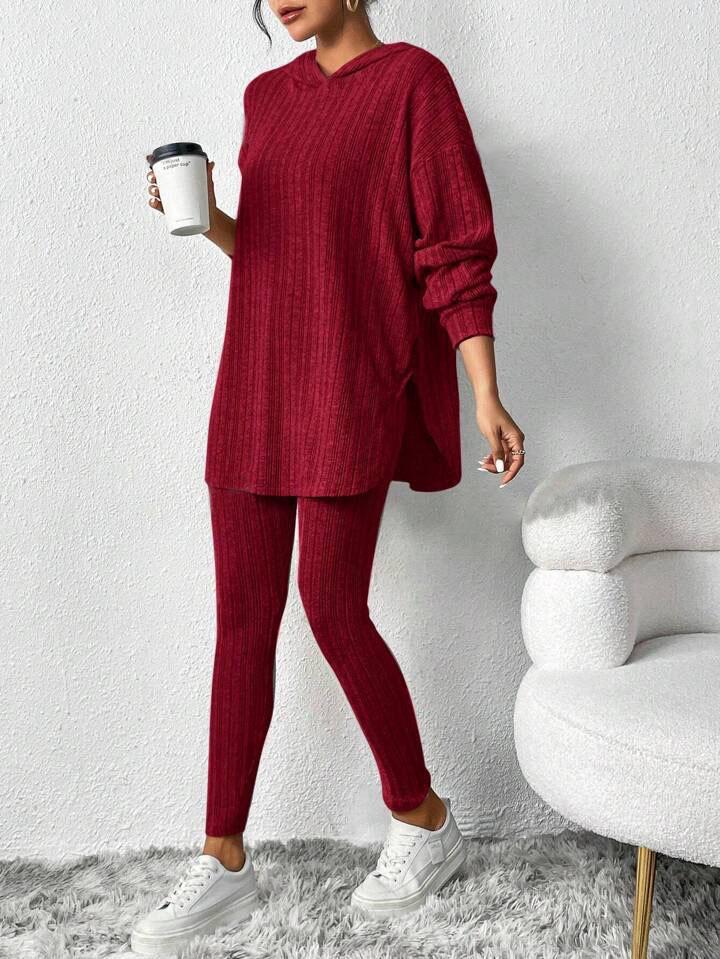 Autumn/Winter 2025 Ribbed Hooded Long Sleeve Casual Women's Set