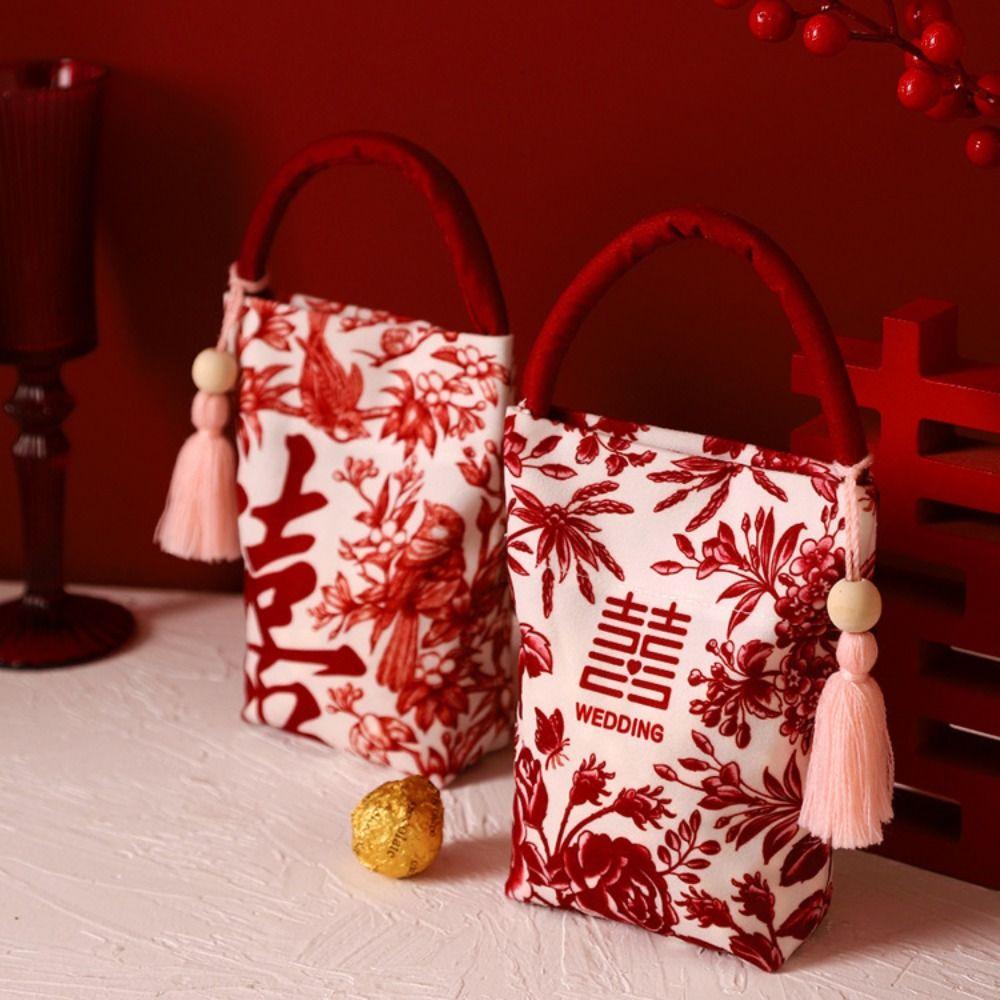 

Korean Style Festive Sugar Bag Flower Canvas Knot Wrist Bag Fashion Wrist Hand Bag New Year Style B