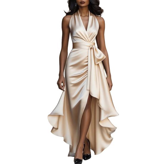 Damen Rüschen Satin High Low Ballkleid Ärmellos V-Ausschnitt Neckholder Bindegürtel Midi Kleid Hochzeitsgast Party Cocktailkleid