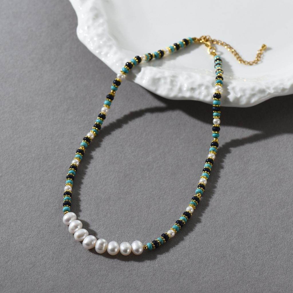 Summer Fresh And Elegant Turquoise Blue Turquoise Beaded Freshwater Pearl Collarbone Chain Niche Temperament Necklace Women