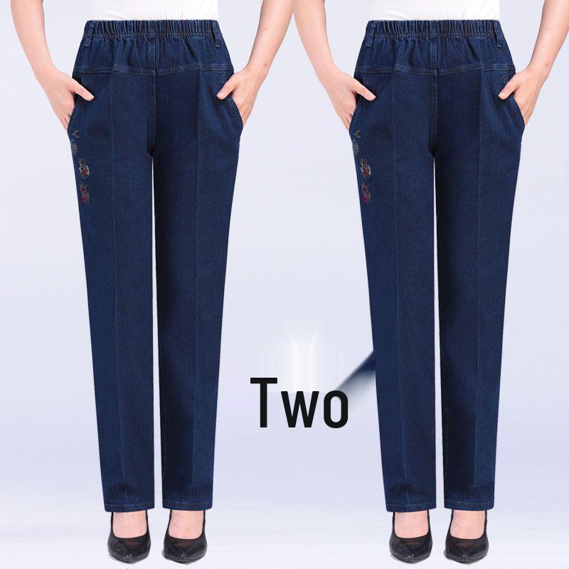 Blugi casual cu talie înaltă, cu picior drept, mărime plus, cu talie elastică, pentru femei de vârstă mijlocie și vârstnice - Primăvară/Toamnă.