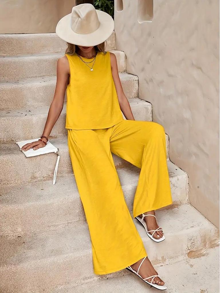 2025 Elegant Solid Color Two-Piece Set: Crew Neck Tank Top & Wide-Leg Pants for Women