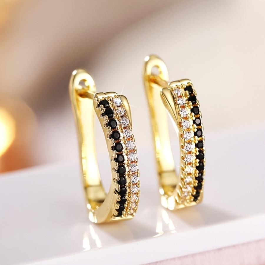 1 Pair of Women'S Golden Oval Double Row Black and White Earrings | 14K Golden Plated, Copper with Synthetic Zirconia, Fashionable and Super Bright
