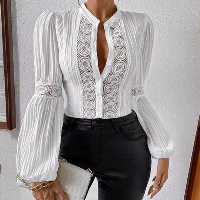 Mode Spitze Patchwork Laterne Ärmel Vintage Plus Größe Shirts Frauen Elegante Tops Stehen Aushöhlen Beiläufige Lose Bluse Frauen Knöpfe Dünnes Hemd 26361